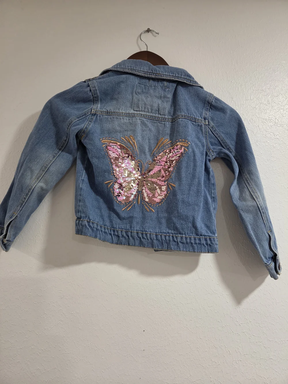 Btween Girls' Denim Jacket with Pink Sequin Butterfly